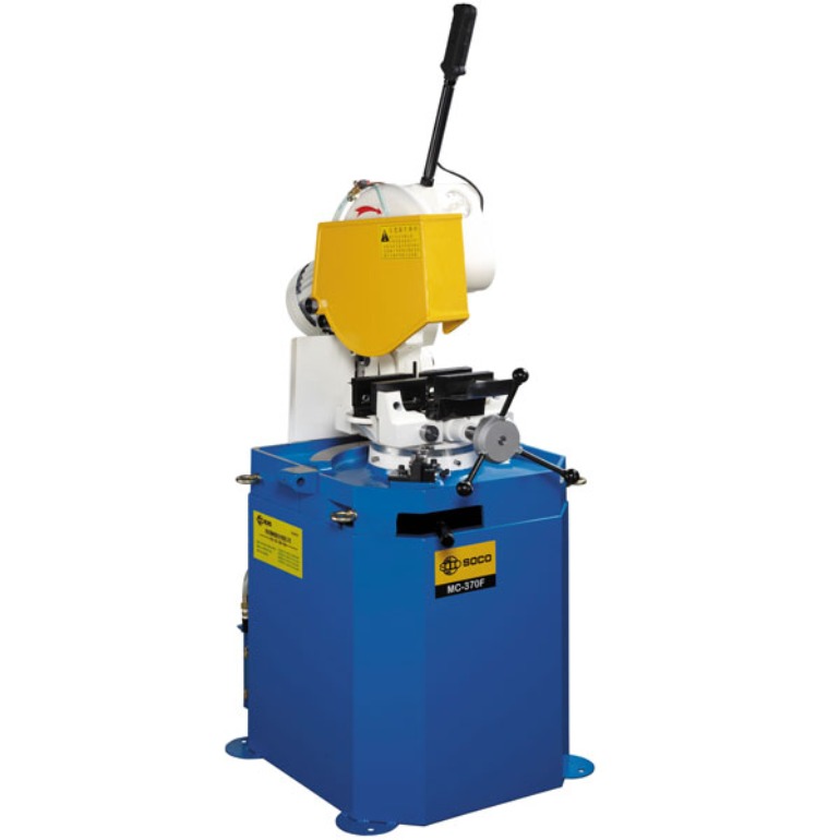 Production Saw Cutting Manually Operated Cold Saw Machine. Soco MC-370F with 14.5" Circular Cold Saw Blade, not your typical 2 gear driven cold saw machine. Triple Reduction Gear Box for Full Time Operation, Sales & Service by Industry Saws