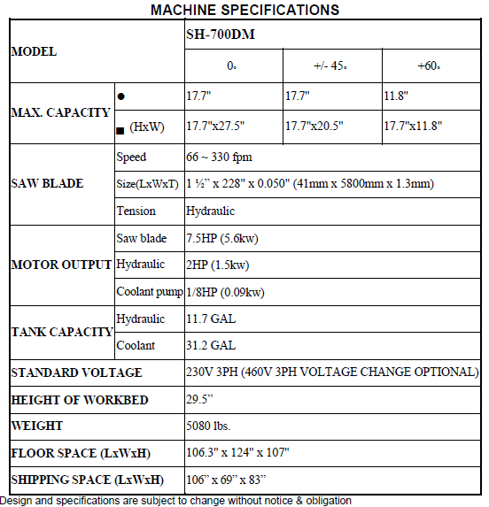 Machine Specifications Cosen SH-700DM